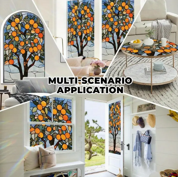 Floral Stained Glass Style Window Privacy Film - Reusable Non-Adhesive Decorative Privacy Screen, Vibrant Orange Tree Design, 17.5 x 39.3in, Easy to Install, Enhances Room Aesthetics, Decorative Privacy Screen, Room Enhancement, Artistic Decor, Easyi