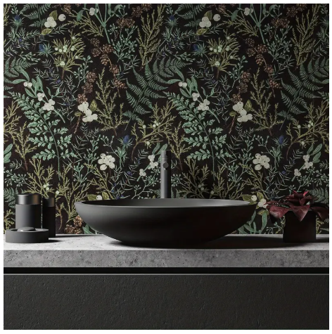 Tropical Moss Leaf Peel and Stick Wallpaper - Self-Adhesive Removable Vinyl Black Floral Contact Paper with Green Leaves, White Flowers & Golden Accents for Bedroom Walls, Cabinets, Shelves - Easy DIY Home Decor, Shelf Embellishment, Natureinspired D