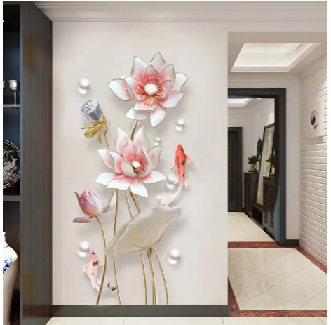 Contemporary 3D Lotus Flower Wall Decals with Koi Fish - PVC Self-Adhesive Floral and Fish Wall Stickers for Living Room, Bedroom, Hallway, Sofa Background, TV Wall Decor (1PC)