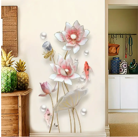 Contemporary 3D Lotus Flower Wall Decals with Koi Fish - PVC Self-Adhesive Floral and Fish Wall Stickers for Living Room, Bedroom, Hallway, Sofa Background, TV Wall Decor (1PC)