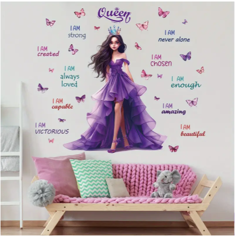 Contemporary Style Princess Purple Dress with Butterflies Inspirational Quote Wall Stickers - Cartoon Themed Semi-Matte Polyvinyl Chloride Decals, Detachable Design, Self-Adhesive for Bedroom and Living Room Decor