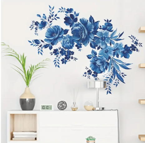 2pcs/set Artistic PVC Wall Decal, Blue Floral Mural, Self-adhesive Removable Wall Art Sticker For Bedroom, Entryway, Living Room, Office, Porch, Background Wall Decor, Home Decoration
