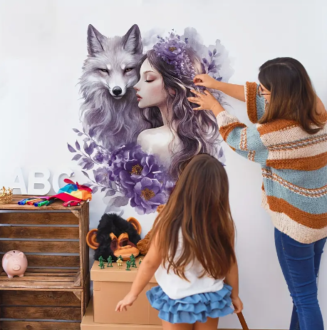 Creative Floral Wolf Girl Wall Decals, Set of 2 Self-Adhesive Bedroom Living Room Bathroom Home Decor Stickers, Faux Animal Flower Motif Vinyl Wall Art M12008-YX