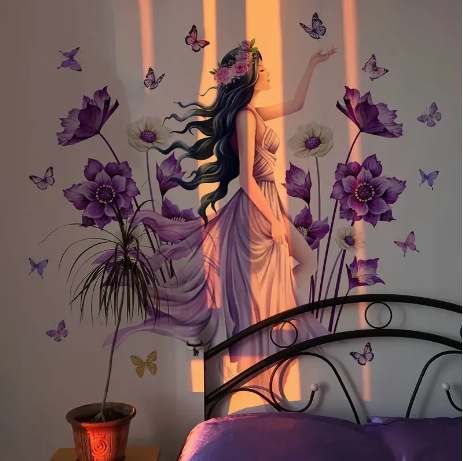 Contemporary Purple Floral & Butterfly Wall Decals - 2 Sheet Set (11.81*35.43inch Each), PVC Self-Adhesive Wall Art Stickers for Living Room Bedroom Decor, Detachable Irregular-Shaped Flower Theme Wall Murals MS2489-KQ