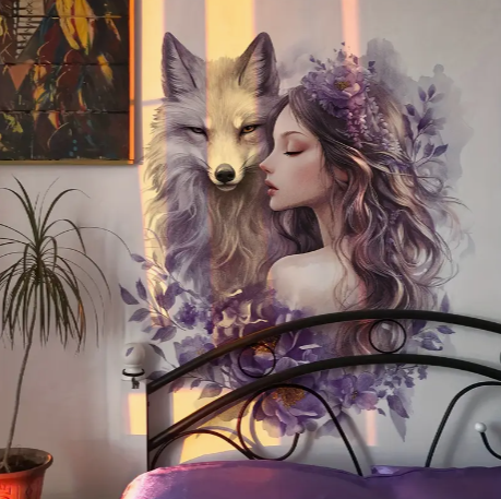 Creative Floral Wolf Girl Wall Decals, Set of 2 Self-Adhesive Bedroom Living Room Bathroom Home Decor Stickers, Faux Animal Flower Motif Vinyl Wall Art M12008-YX