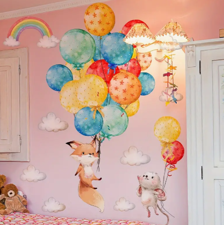 A Set Of 3 Sheets (11.81*35.43inch*3pcs) Cartoon Animal Fox Mouse Colorful Balloon Wall Stickers, Bedroom Room Background Wall Decoration Stickers