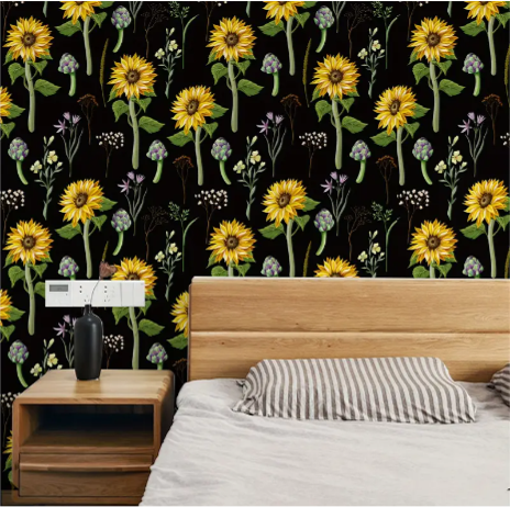 Black Base Sunflower Wallpaper Self-adhesive Waterproof And Moisture-proof, Washable Decoration, Warm Bedroom Living Room Background Wall Stickers, Room Wallpaper, Dormitory Renovation Stickers, Pastoral Style