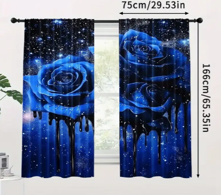 2pcs Blue Rose Print Curtains - Charming Rod Pocket Design for Bedroom, Living Room & More - Durable Polyester Window Treatments, Easy Install (Rod Not Included)