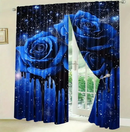 2pcs Blue Rose Print Curtains - Charming Rod Pocket Design for Bedroom, Living Room & More - Durable Polyester Window Treatments, Easy Install (Rod Not Included)