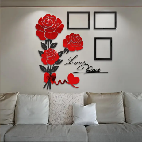 Romantic Rose Flower Mirror Decals - 3pcs Set with Photo Frames, Red & Blue Roses for Sparkling Home Decor in Living Room, Bedroom, TV Wall, Closet, Entryway