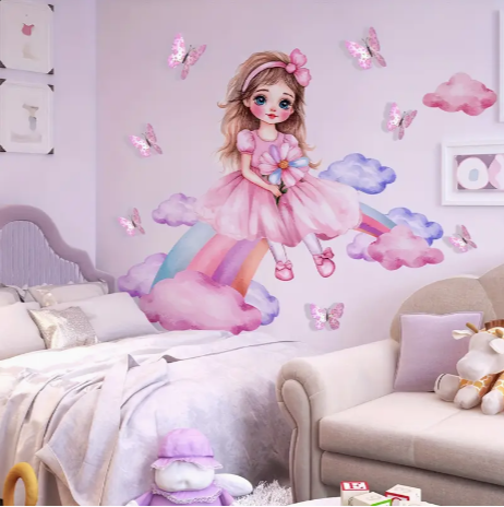 3D Pink Butterfly & Rainbow Girl Wall Stickers Set, Contemporary PVC Wall Art, Self-Adhesive, Removable, One-Time Use, Irregular Shape, for Living Room Bedroom Background Decor, B12002+PY1508-YX