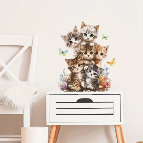 Adorable Cartoon Cat & Butterfly Wall Decals - Easy Peel & Stick, Removable Art for Bedroom, Living Room, and Home Décor Material: Plastic